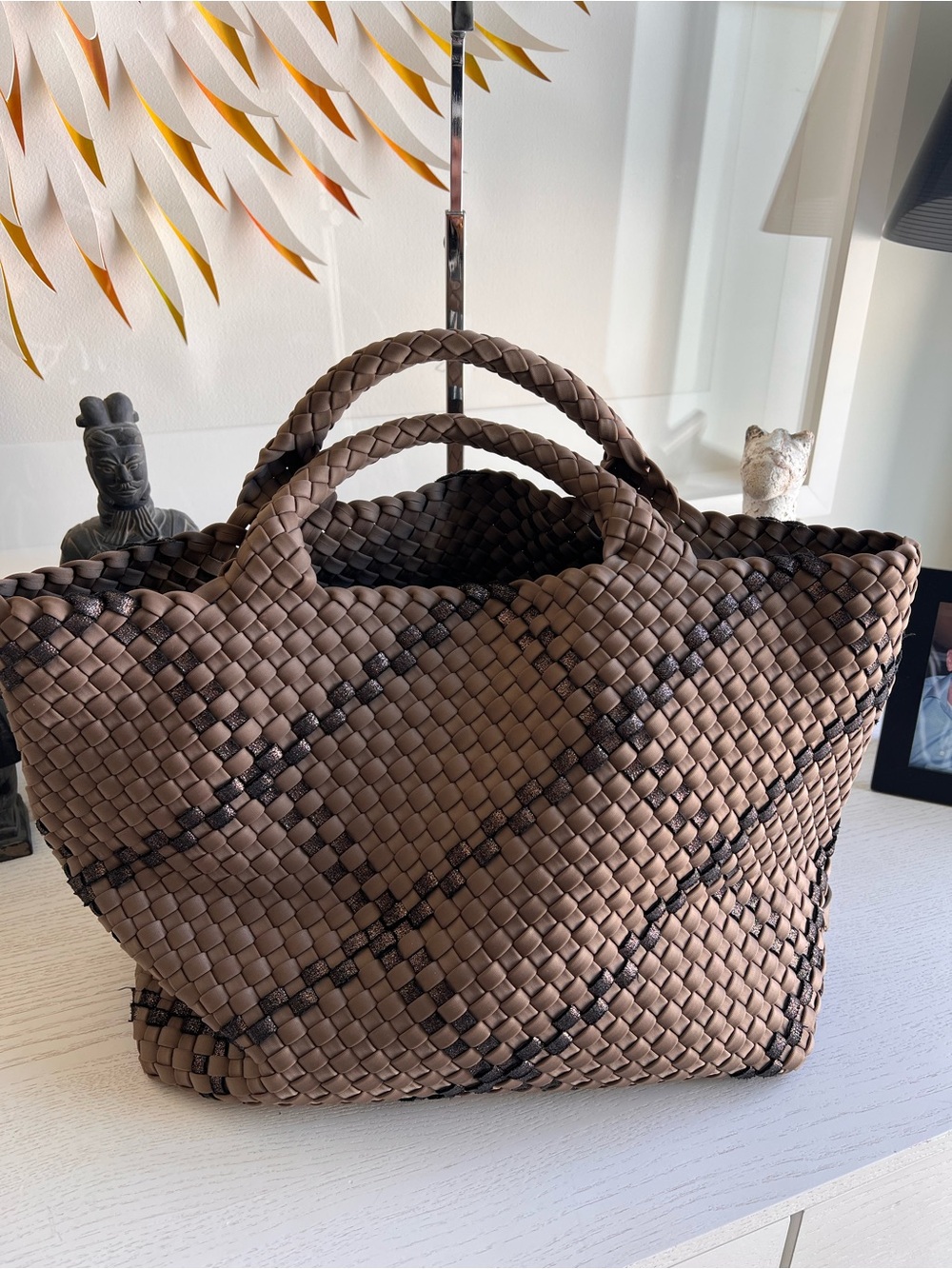 Naghedi Brown Woven Top-Handle Tote with Dark Accent Weave- St Barths- Medium - Picture 2 of 10